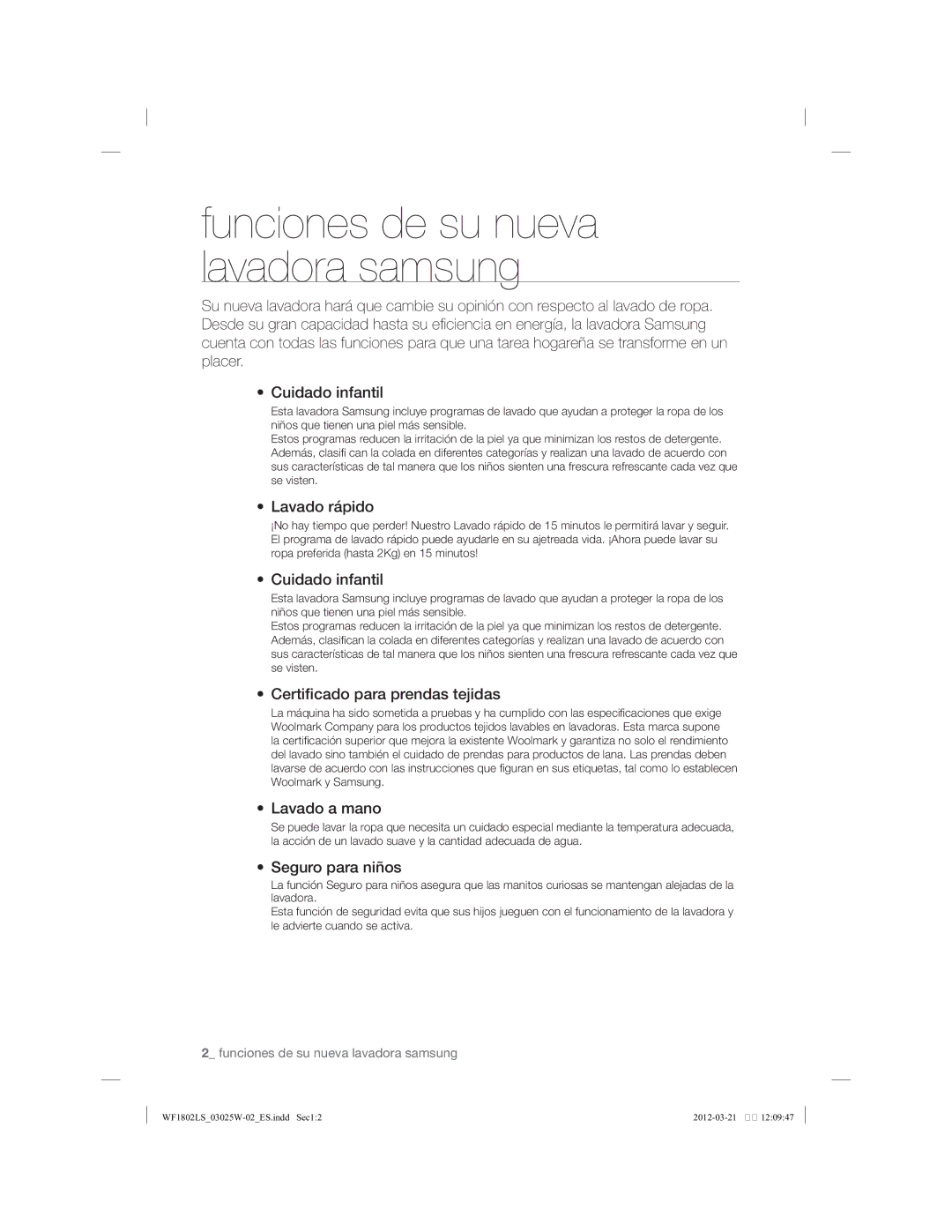 Samsung WF1802LSC/XEC manual Funciones de su nueva lavadora samsung 