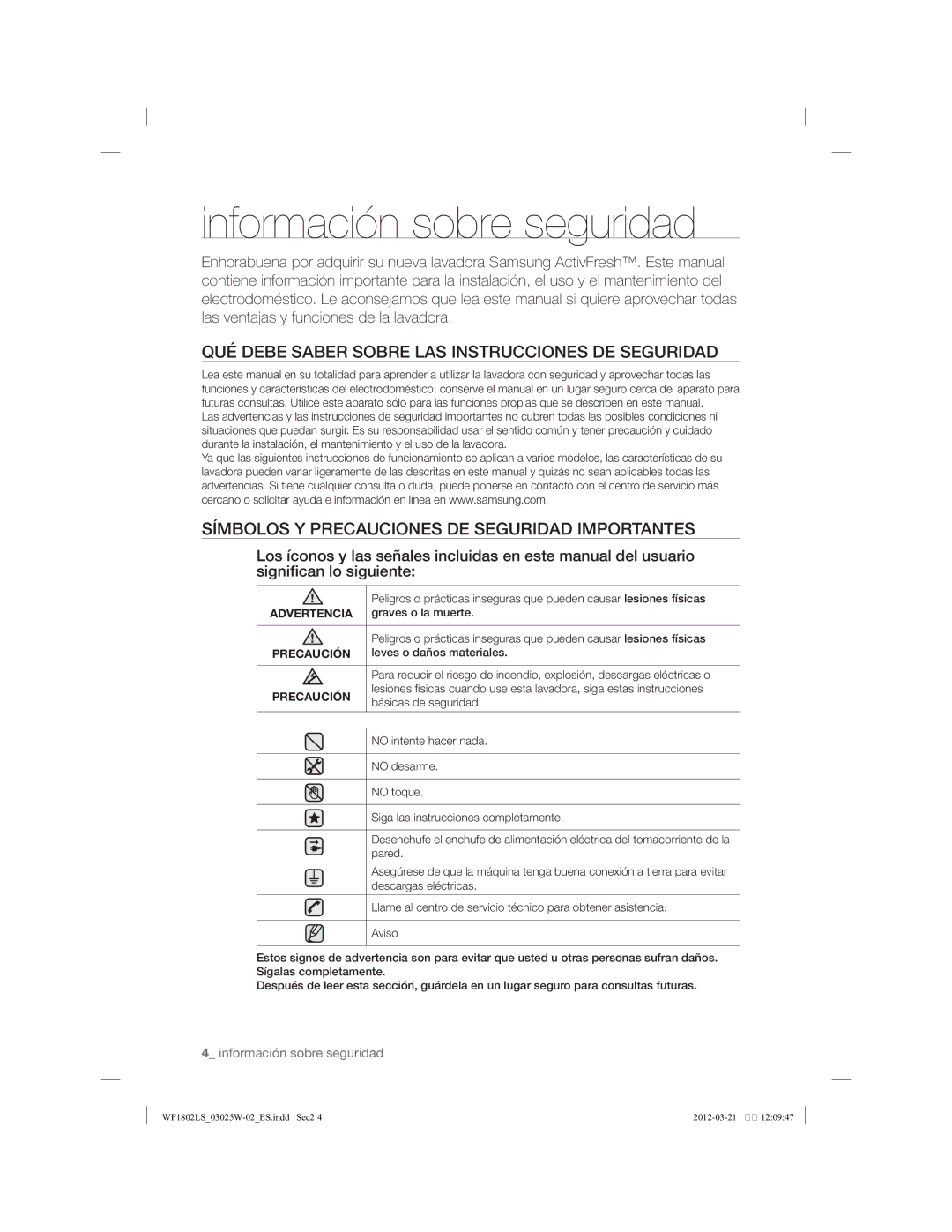 Samsung WF1802LSC/XEC manual QUÉ Debe Saber Sobre LAS Instrucciones DE Seguridad 