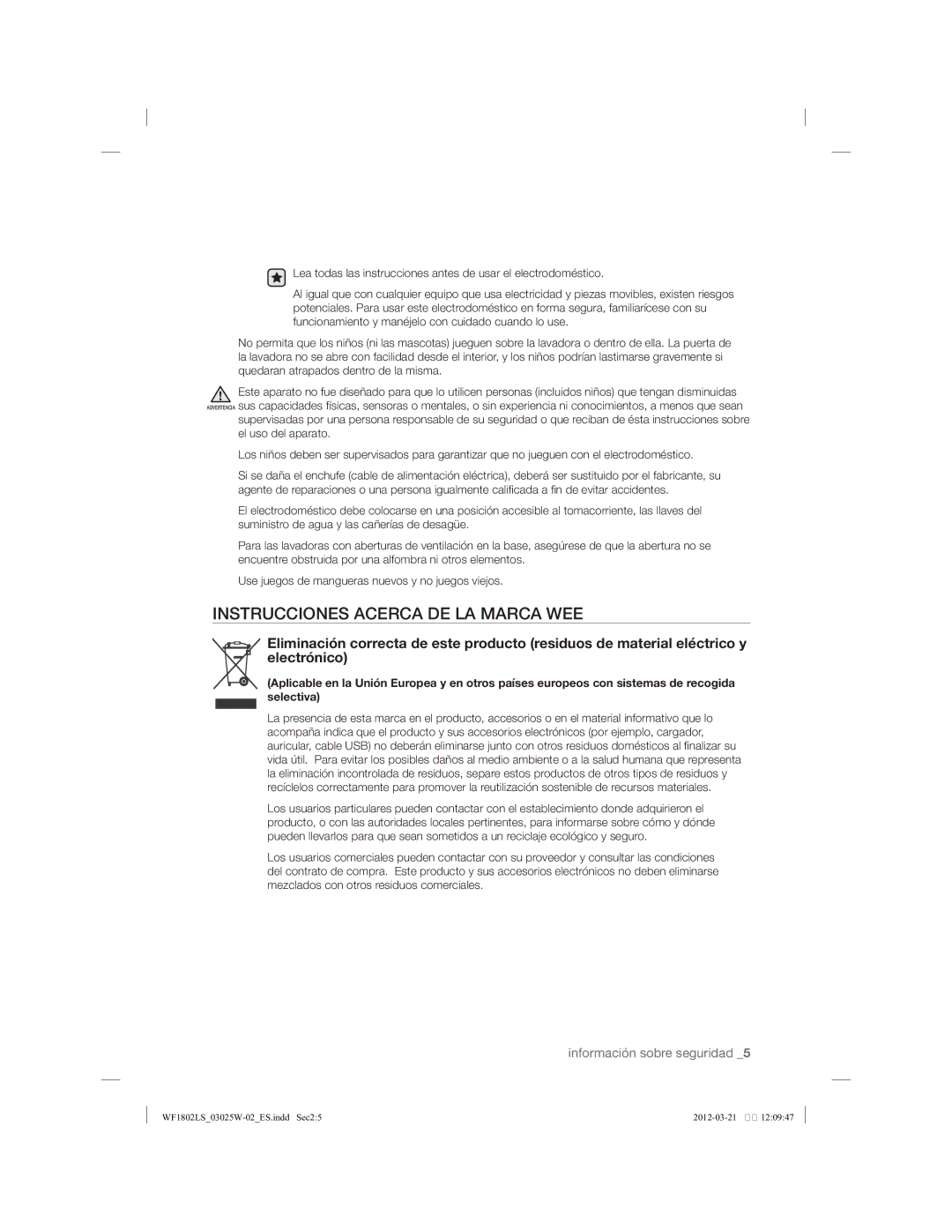 Samsung WF1802LSC/XEC manual Instrucciones Acerca DE LA Marca WEE 