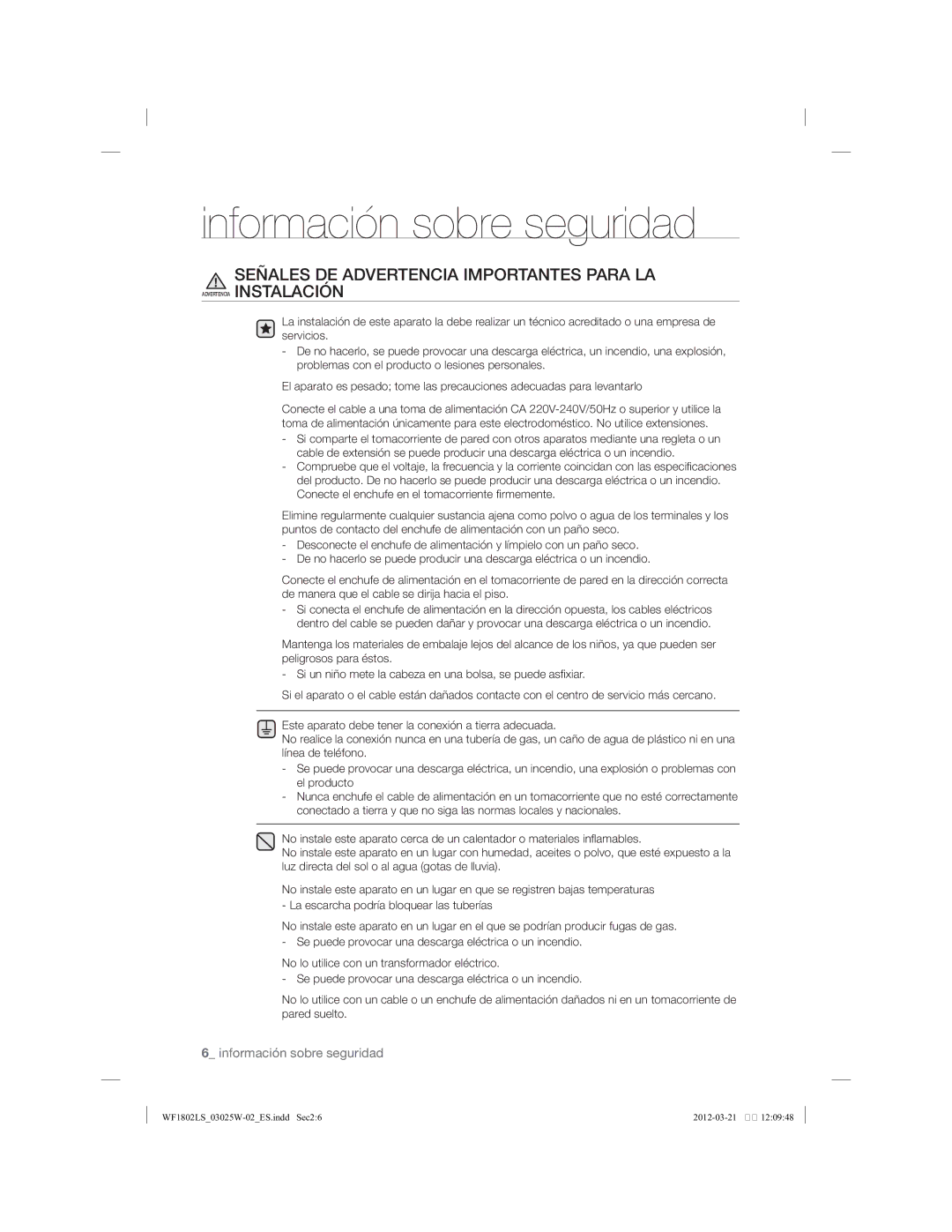 Samsung WF1802LSC/XEC manual Señales DE Advertencia Importantes Para LA 