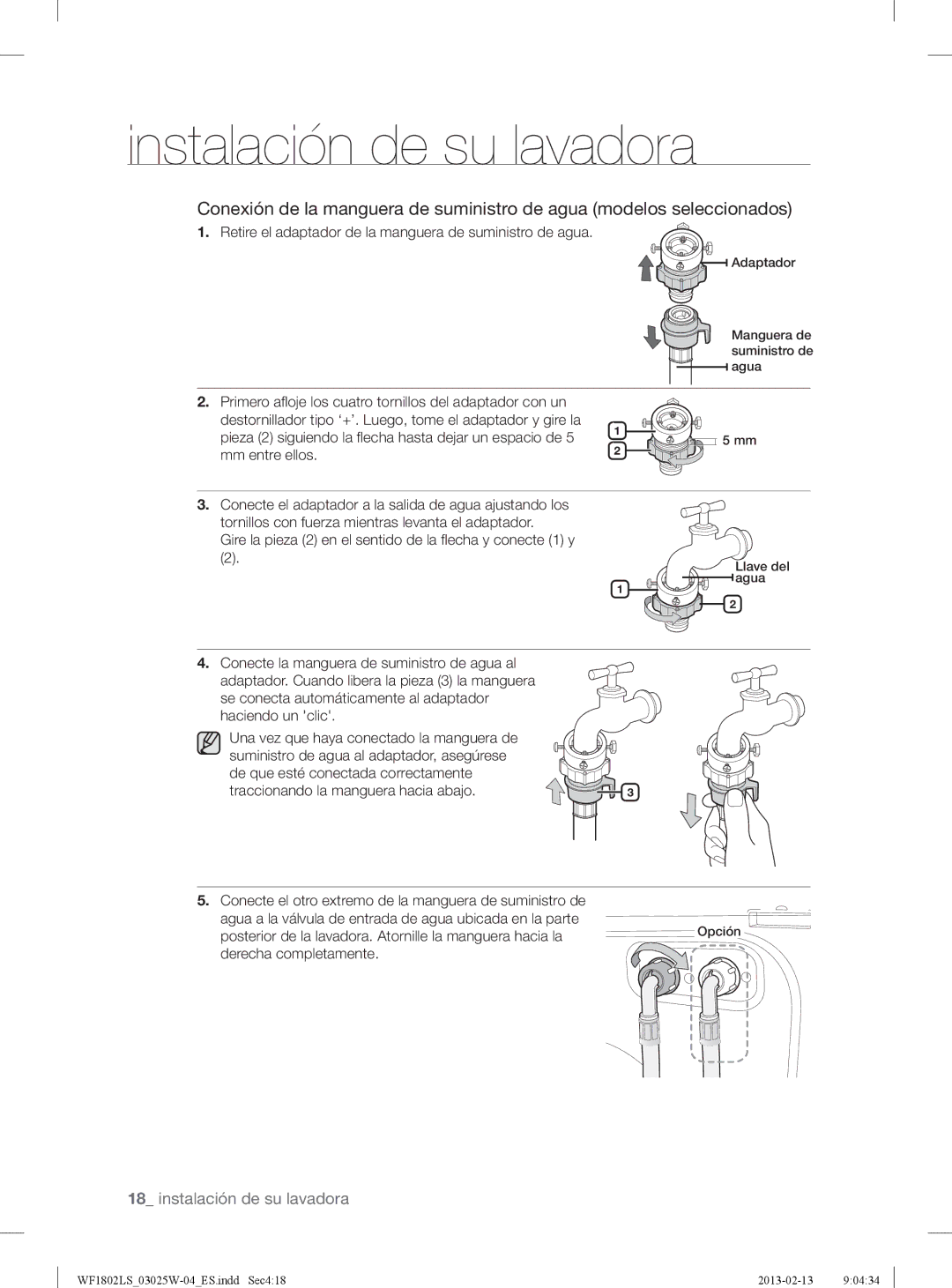 Samsung WF1802LSW2/XEC, WF1802LSC/XEC manual Retire el adaptador de la manguera de suministro de agua 