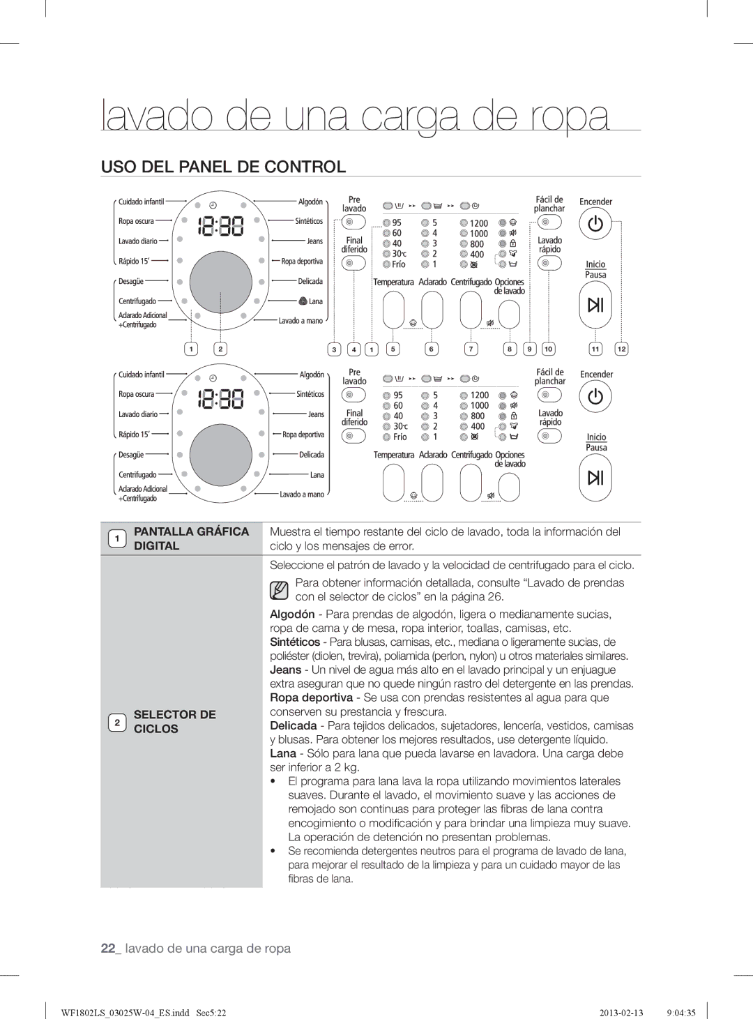 Samsung WF1802LSW2/XEC, WF1802LSC/XEC manual USO DEL Panel DE Control, Pantalla Gráfica, Digital, Selector DE, Ciclos 