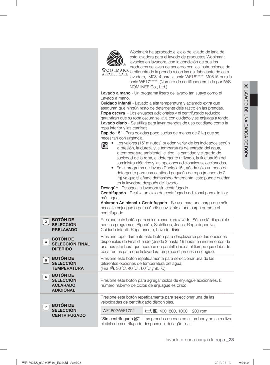 Samsung WF1802LSC/XEC Prelavado, Selección Final, Diferido, Temperatura, Botón DE Selección, Aclarado, Adicional 