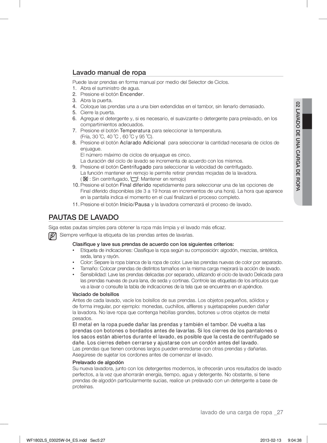 Samsung WF1802LSC/XEC, WF1802LSW2/XEC Pautas DE Lavado, Lavado manual de ropa 