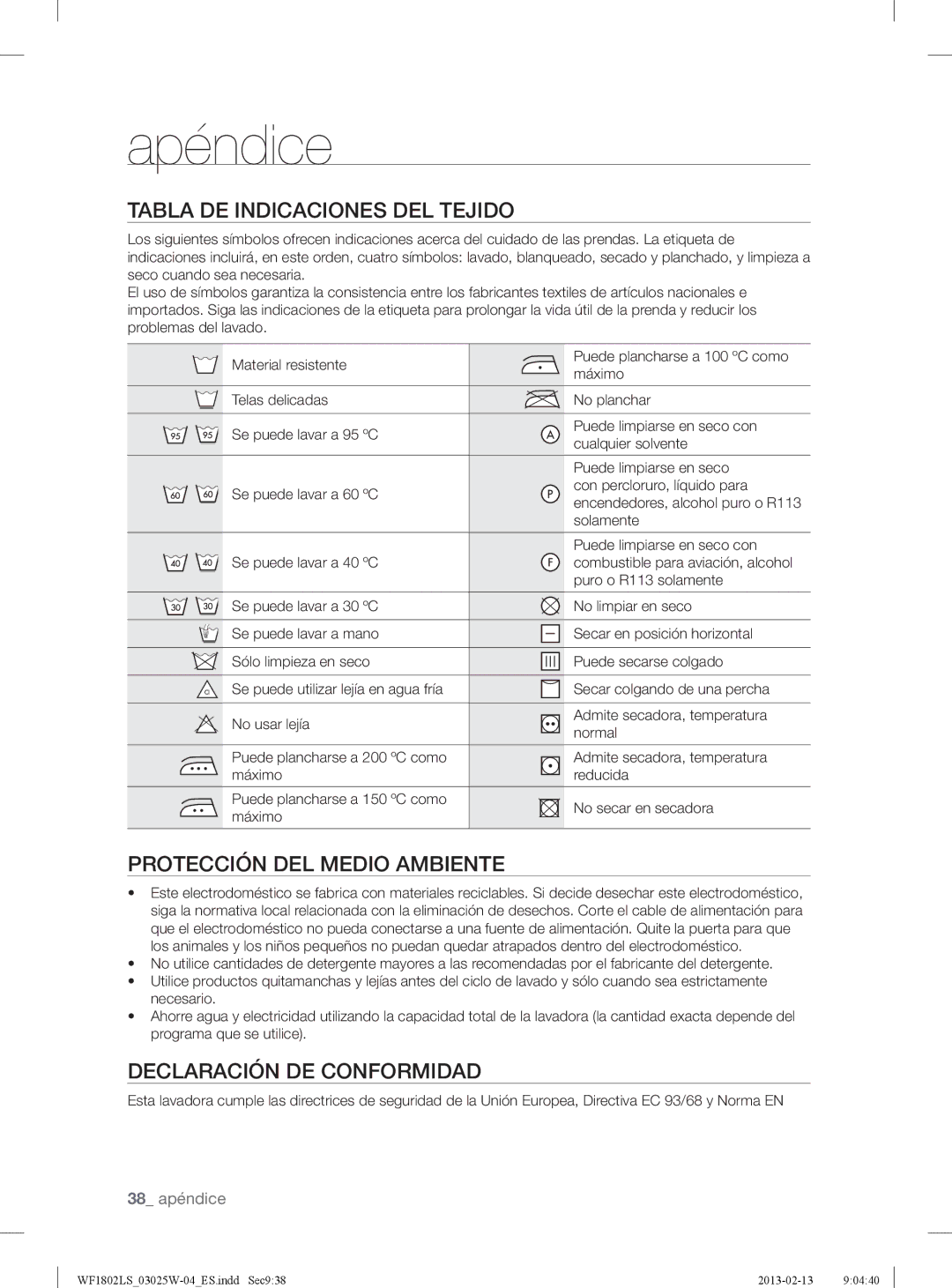 Samsung WF1802LSW2/XEC, WF1802LSC/XEC manual Apéndice, Tabla DE Indicaciones DEL Tejido, Protección DEL Medio Ambiente 