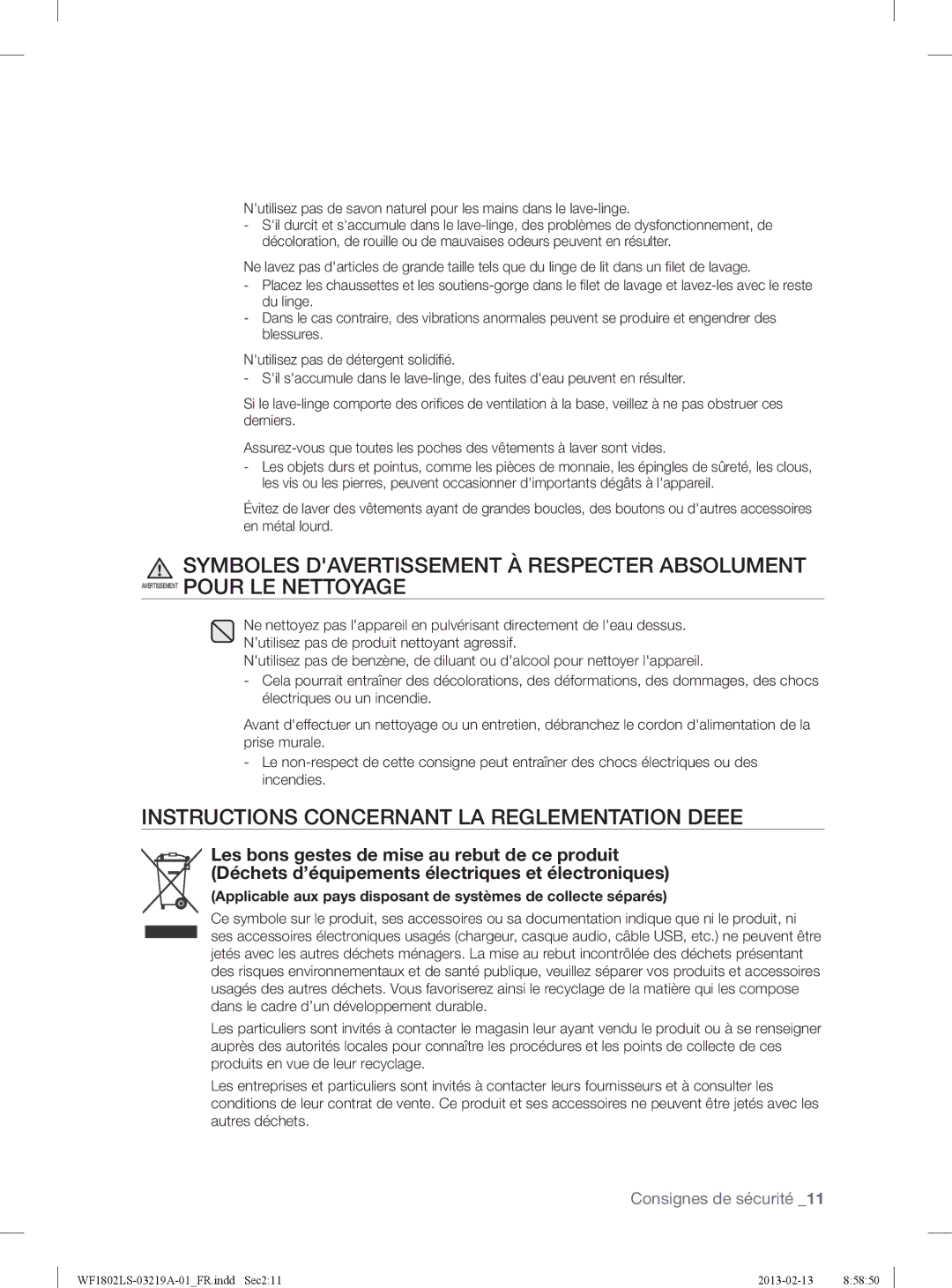 Samsung WF1802LSW2/XEF manual Instructions Concernant LA Reglementation Deee 