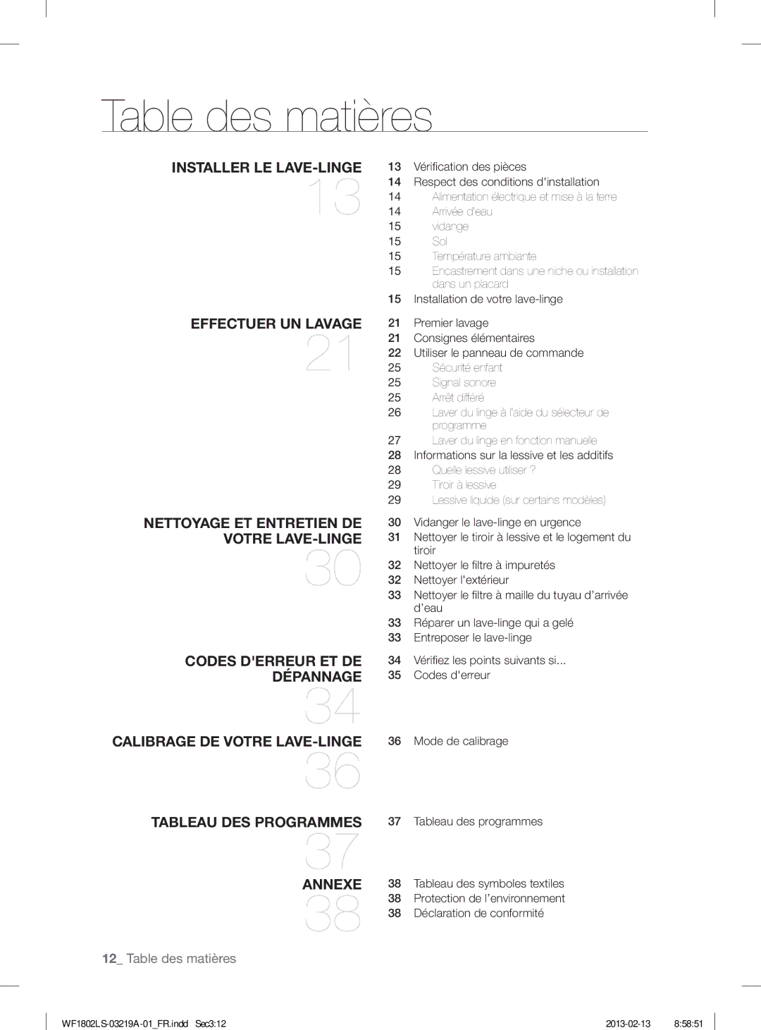 Samsung WF1802LSW2/XEF manual Table des matières 