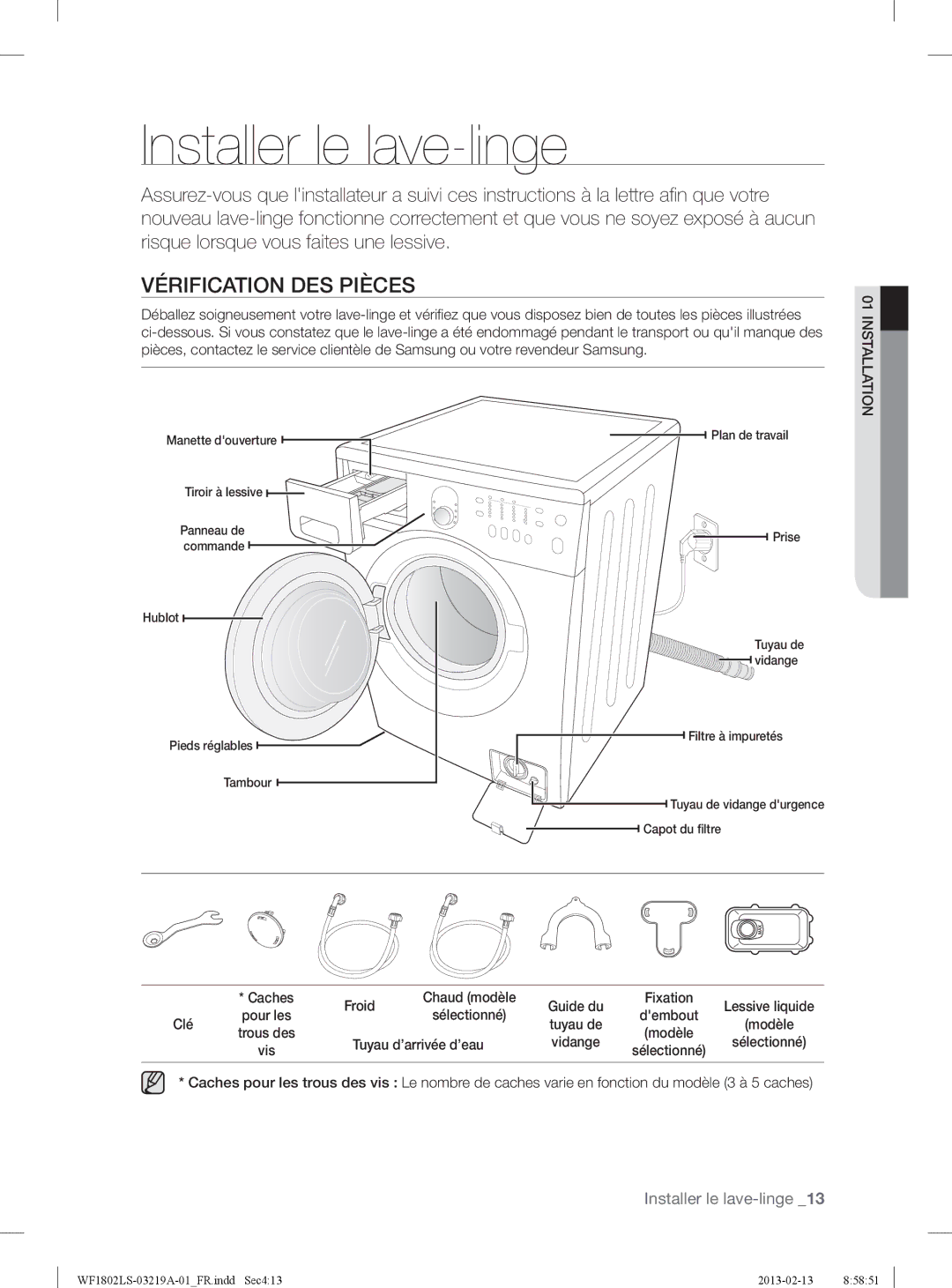 Samsung WF1802LSW2/XEF manual Installer le lave-linge, Vérification DES Pièces 