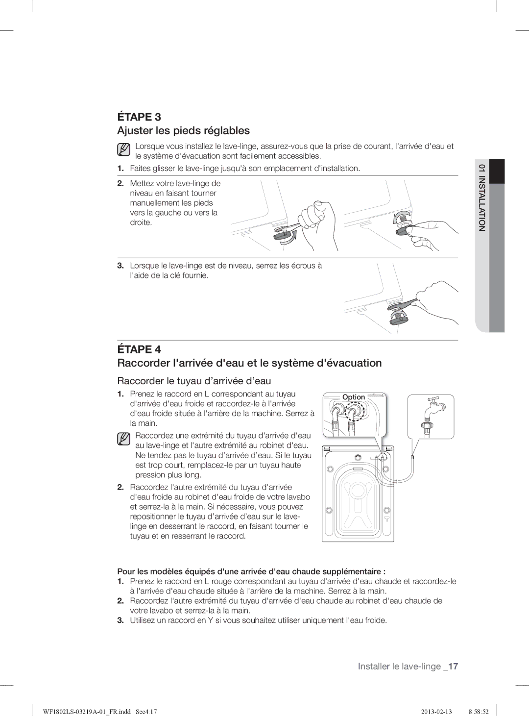 Samsung WF1802LSW2/XEF manual Ajuster les pieds réglables, Raccorder larrivée deau et le système dévacuation 