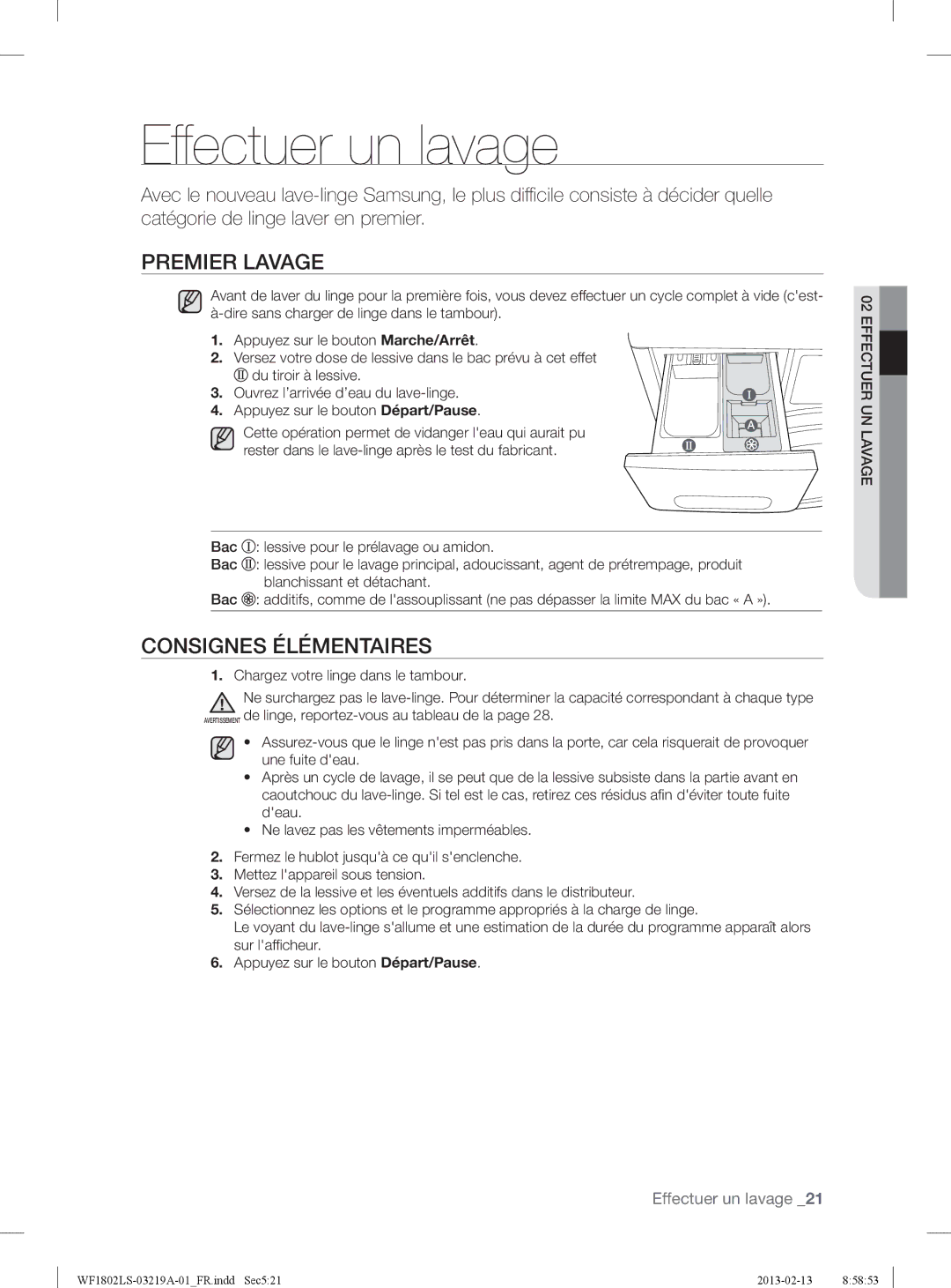 Samsung WF1802LSW2/XEF manual Eff ectuer un lavage, Premier Lavage, Consignes Élémentaires 