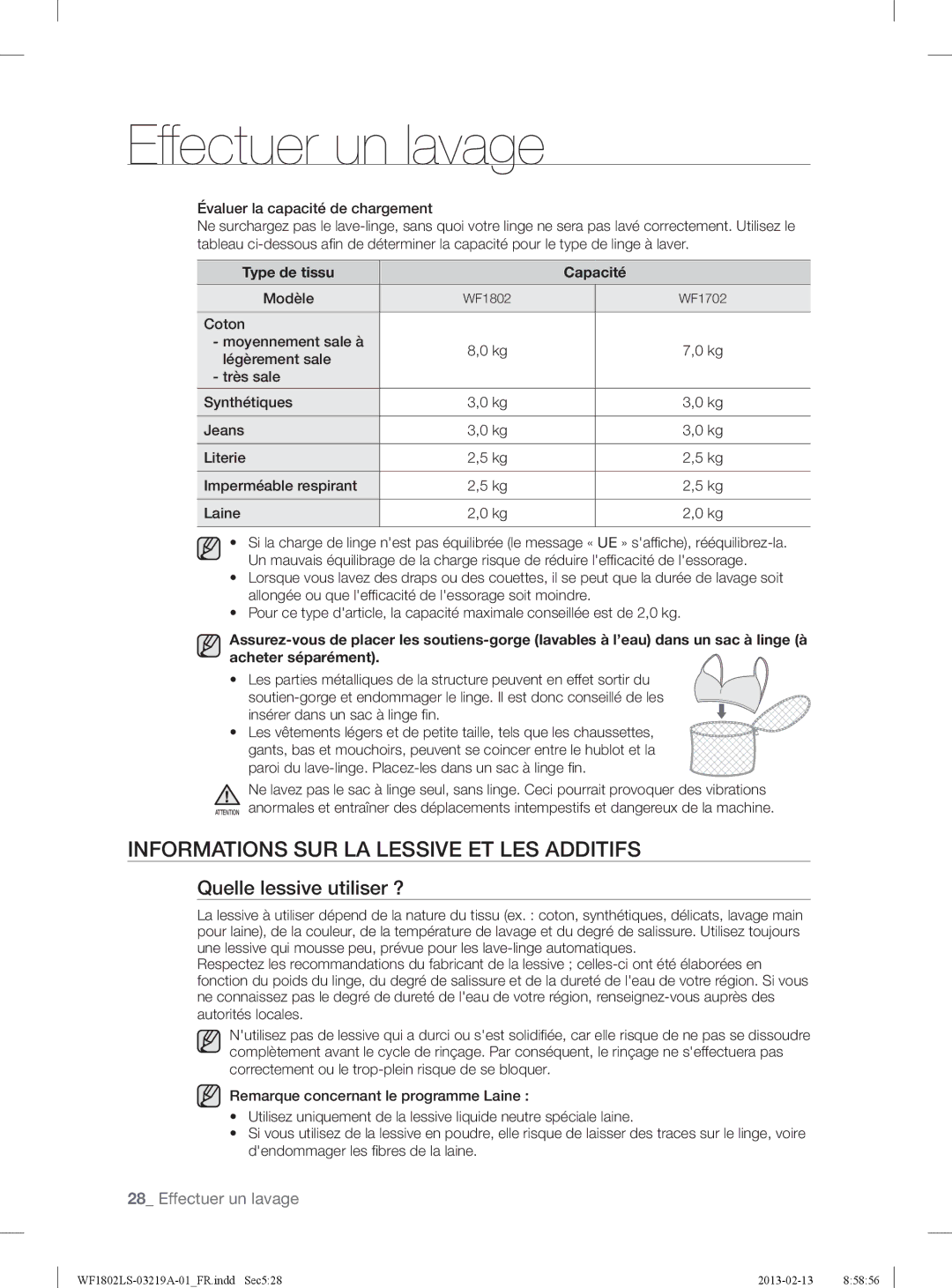 Samsung WF1802LSW2/XEF manual Informations SUR LA Lessive ET LES Additifs, Quelle lessive utiliser ?, Coton 