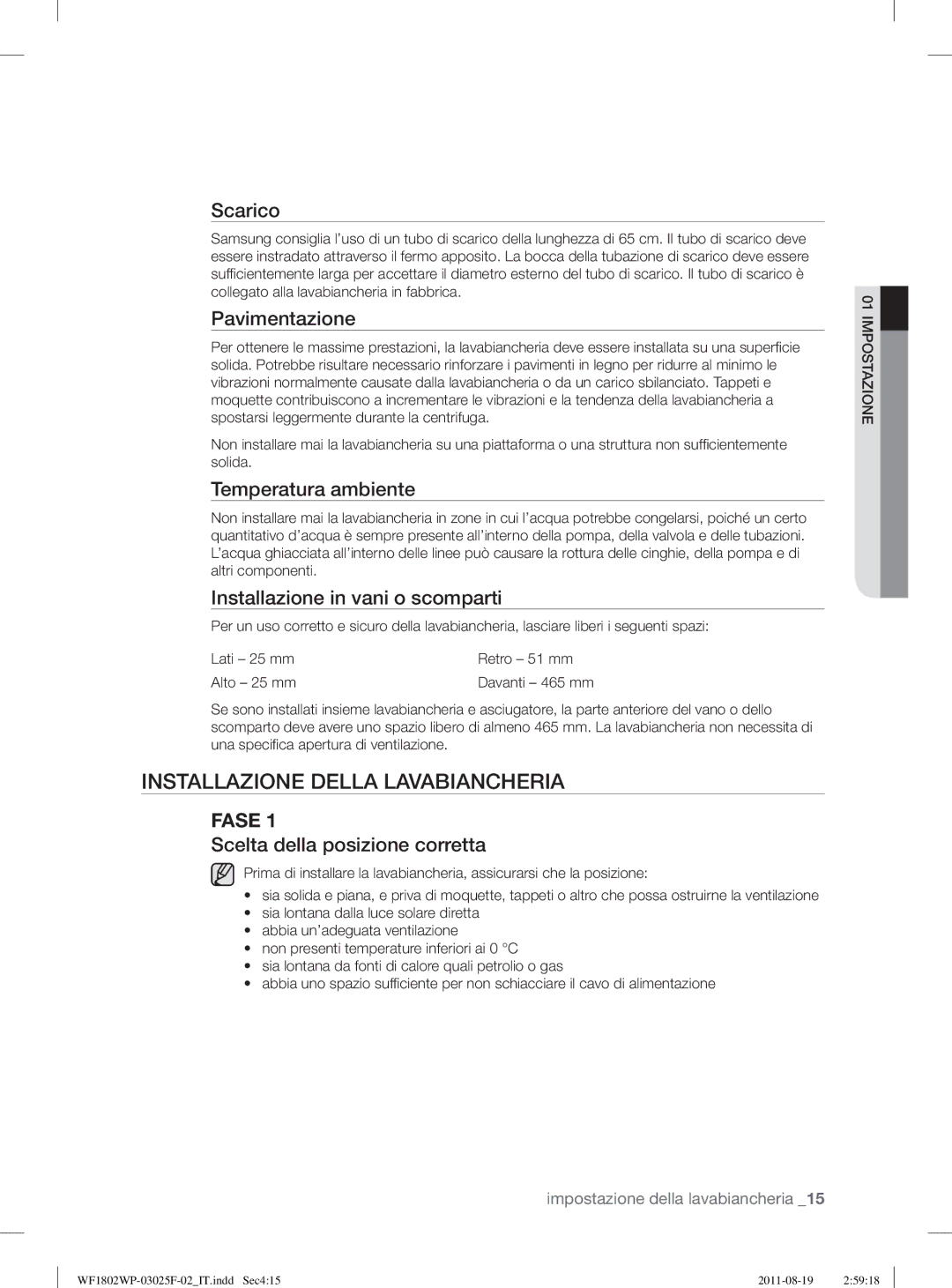 Samsung WF1802WPC2/XET, WF1802LSW2/XET manual Installazione Della Lavabiancheria 