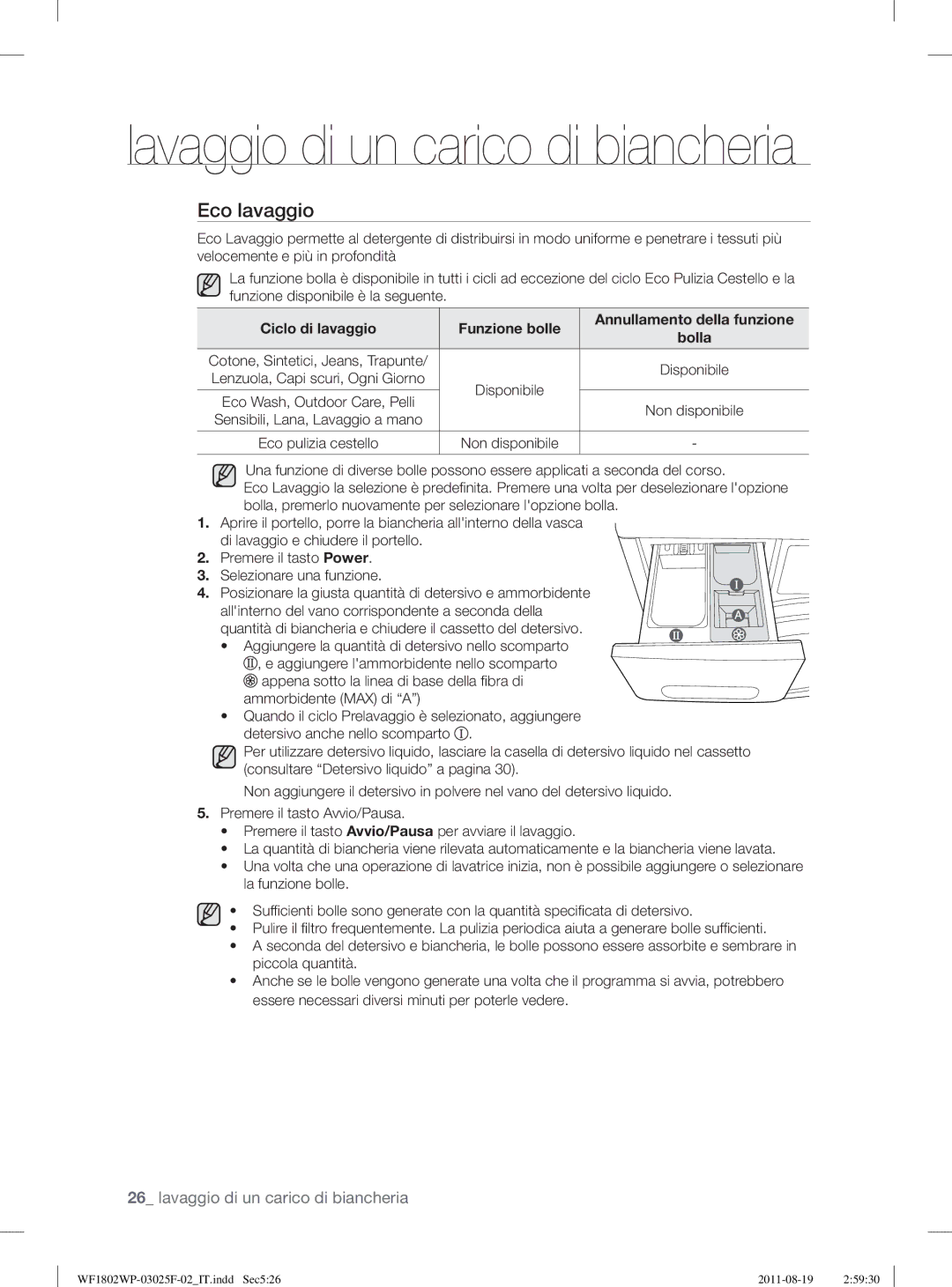 Samsung WF1802LSW2/XET, WF1802WPC2/XET manual Ciclo di lavaggio Funzione bolle Annullamento della funzione 