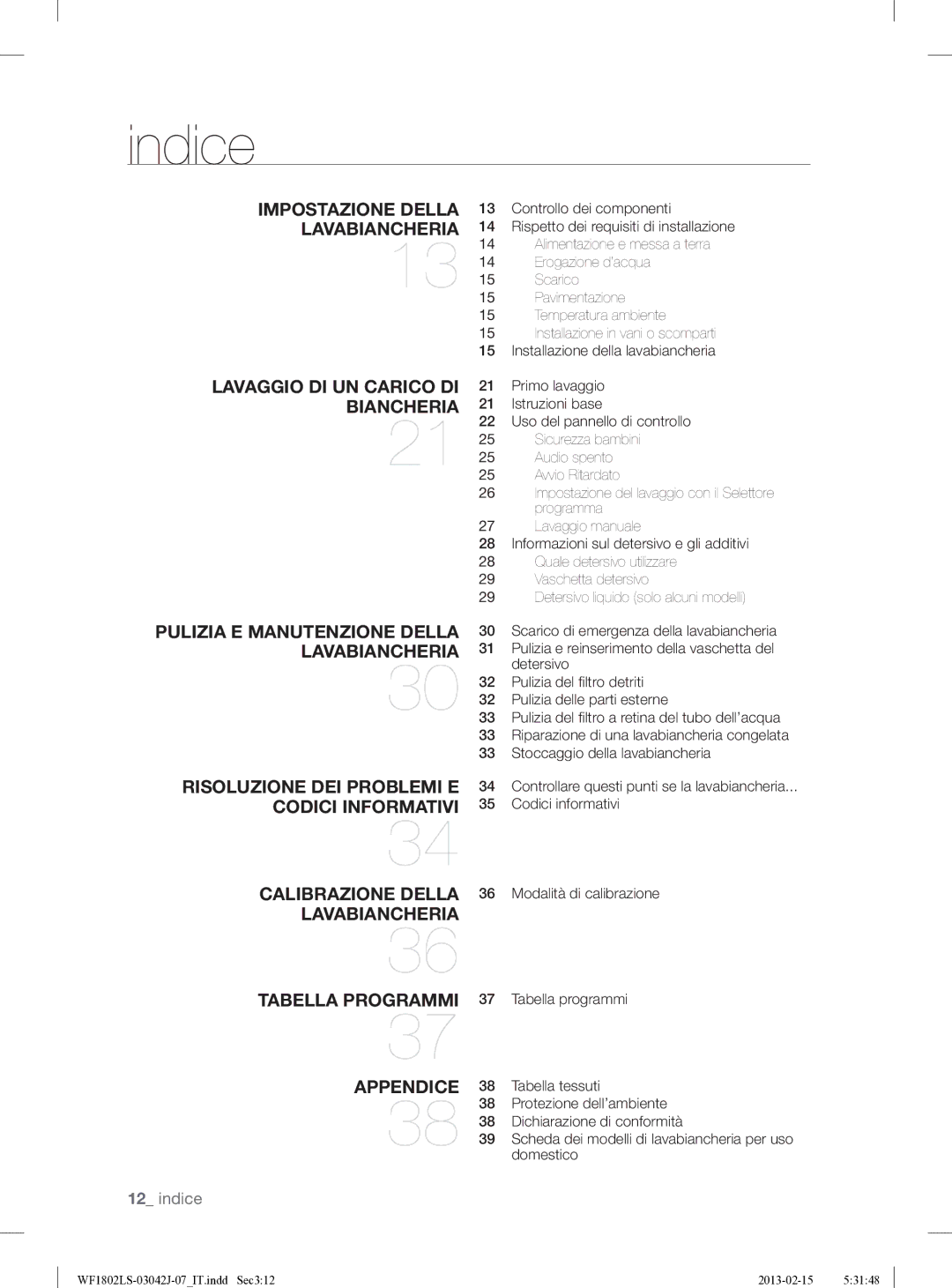 Samsung WF1802LSW2/XET manual Indice 