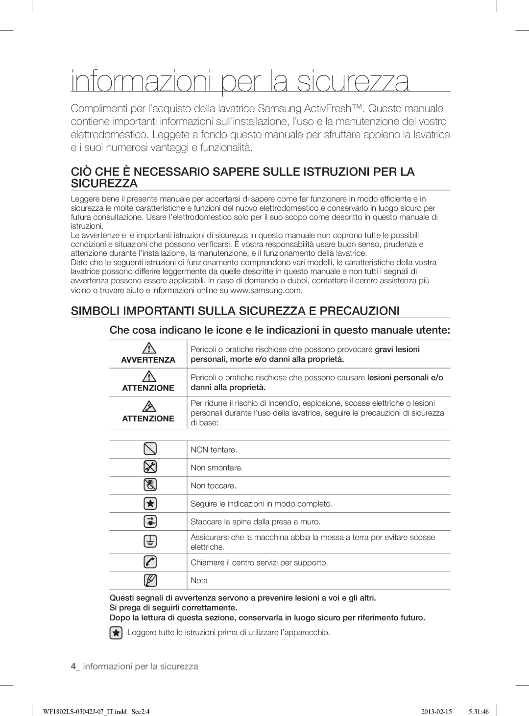 Samsung WF1802LSW2/XET manual Informazioni per la sicurezza, Simboli Importanti Sulla Sicurezza E Precauzioni, Avvertenza 