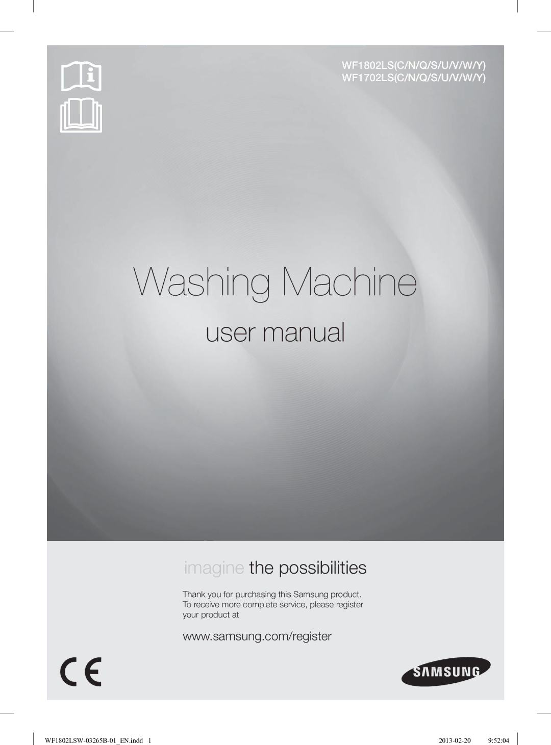 Samsung WF1802LSW2/YLE manual Washing Machine 