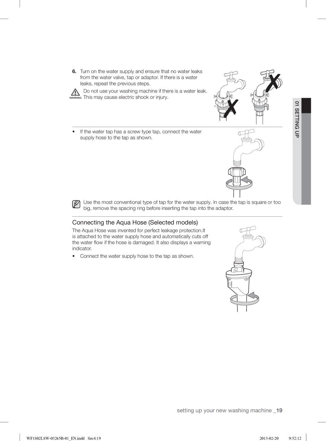 Samsung WF1802LSW2/YLE manual Connecting the Aqua Hose Selected models 