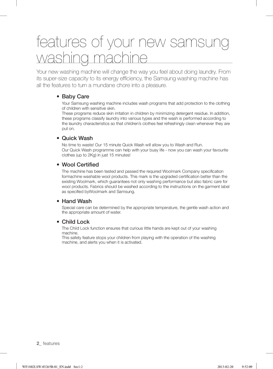 Samsung WF1802LSW2/YLE Features of your new samsung washing machine, Quick Wash, Wool Certiﬁed, Hand Wash, Child Lock 