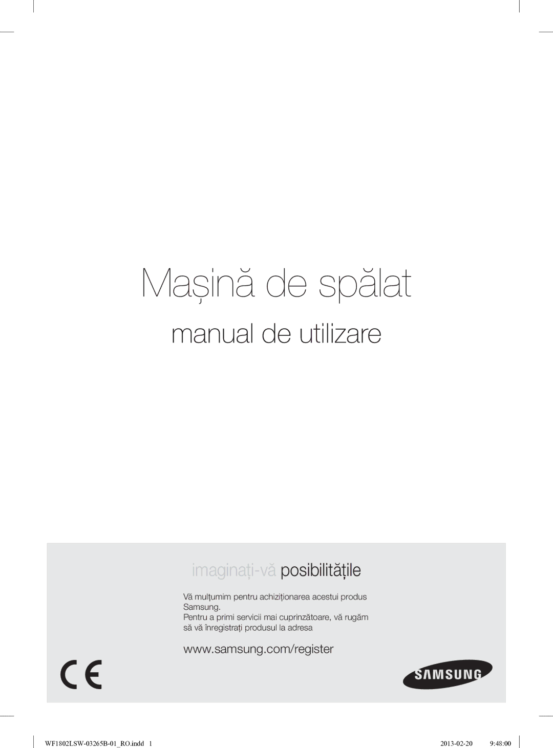 Samsung WF1802LSW2/YLE manual Mașină de spălat 