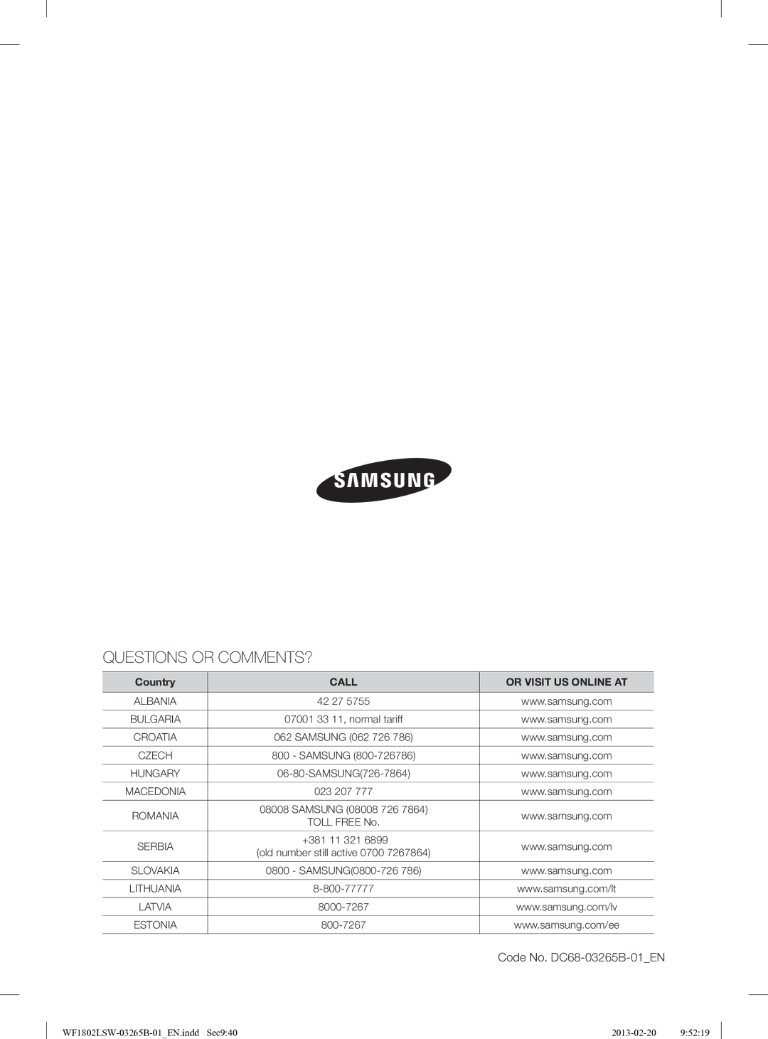 Samsung WF1802LSW2/YLE manual Questions or COMMENTS? 