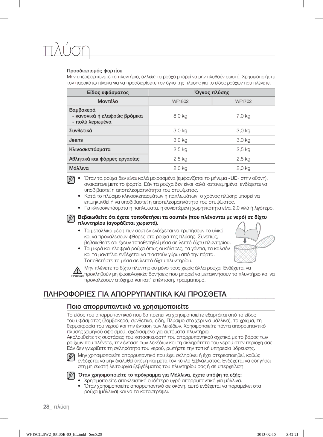 Samsung WF1802LSW2/YLV, WF1802LSC/YLV Πληροφοριεσ ΓΙΑ Απορρυπαντικα ΚΑΙ Προσθετα, Ποιο απορρυπαντικό να χρησιμοποιείτε 