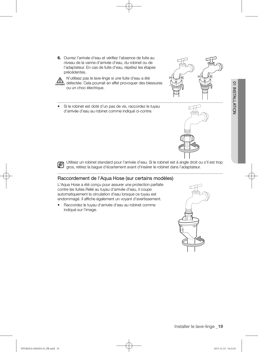 Samsung WF1802LSW/XEF manual Raccordement de lAqua Hose sur certains modèles 