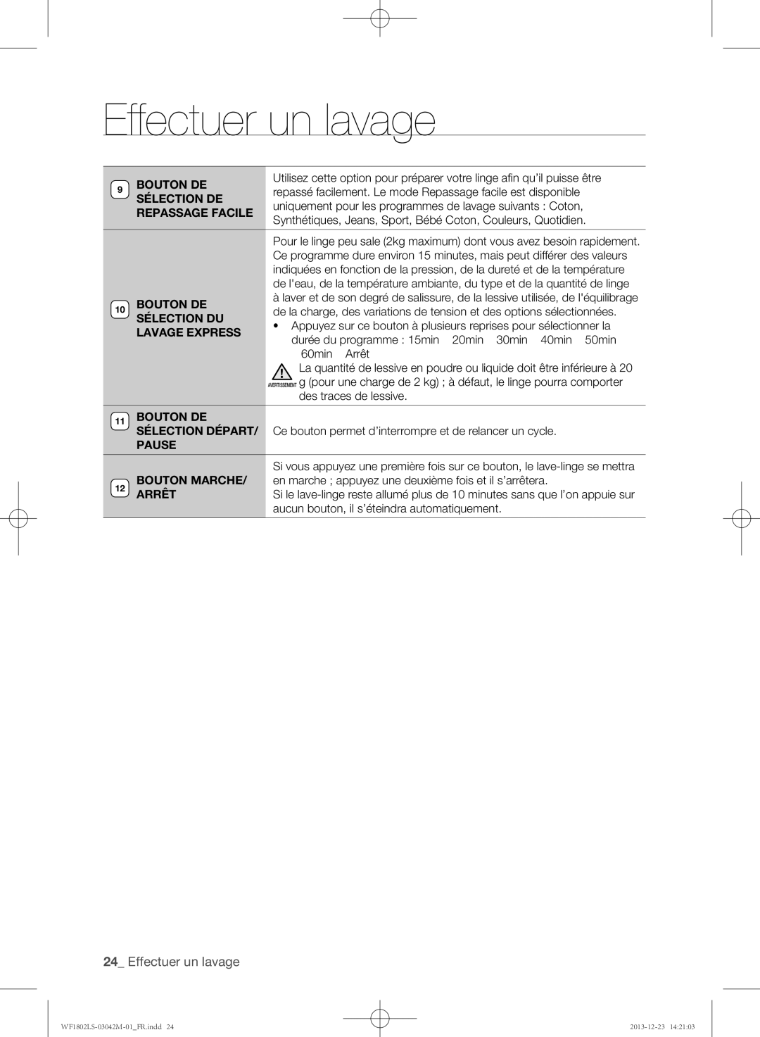 Samsung WF1802LSW/XEF manual Repassage Facile, Lavage Express, Pause 