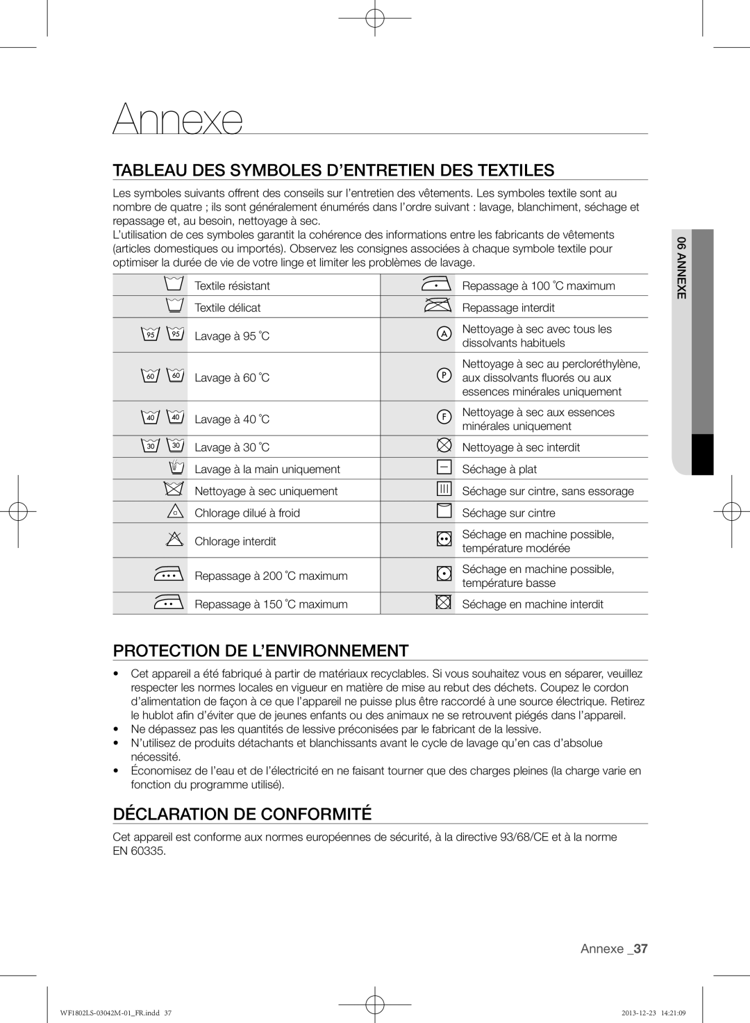 Samsung WF1802LSW/XEF manual Annexe, Tableau des symboles d’entretien des textiles, Protection de l’environnement, Exe Ann 