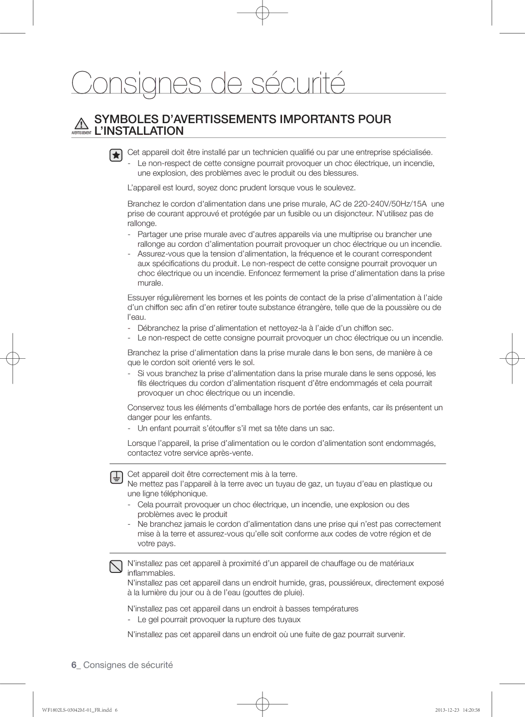 Samsung WF1802LSW/XEF manual Consignes de sécurité 