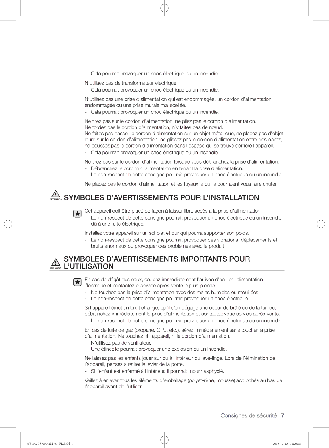 Samsung WF1802LSW/XEF manual Symboles D’AVERTISSEMENTS Importants Pour 