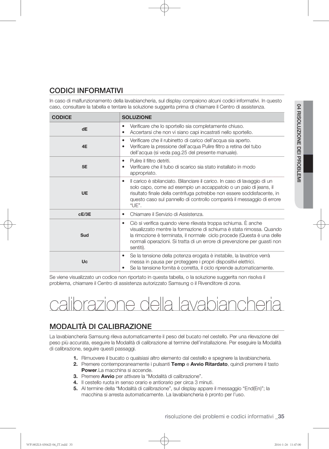 Samsung WF1802LSW/XET manual Codici informativi, Modalità di calibrazione, Codice Soluzione 