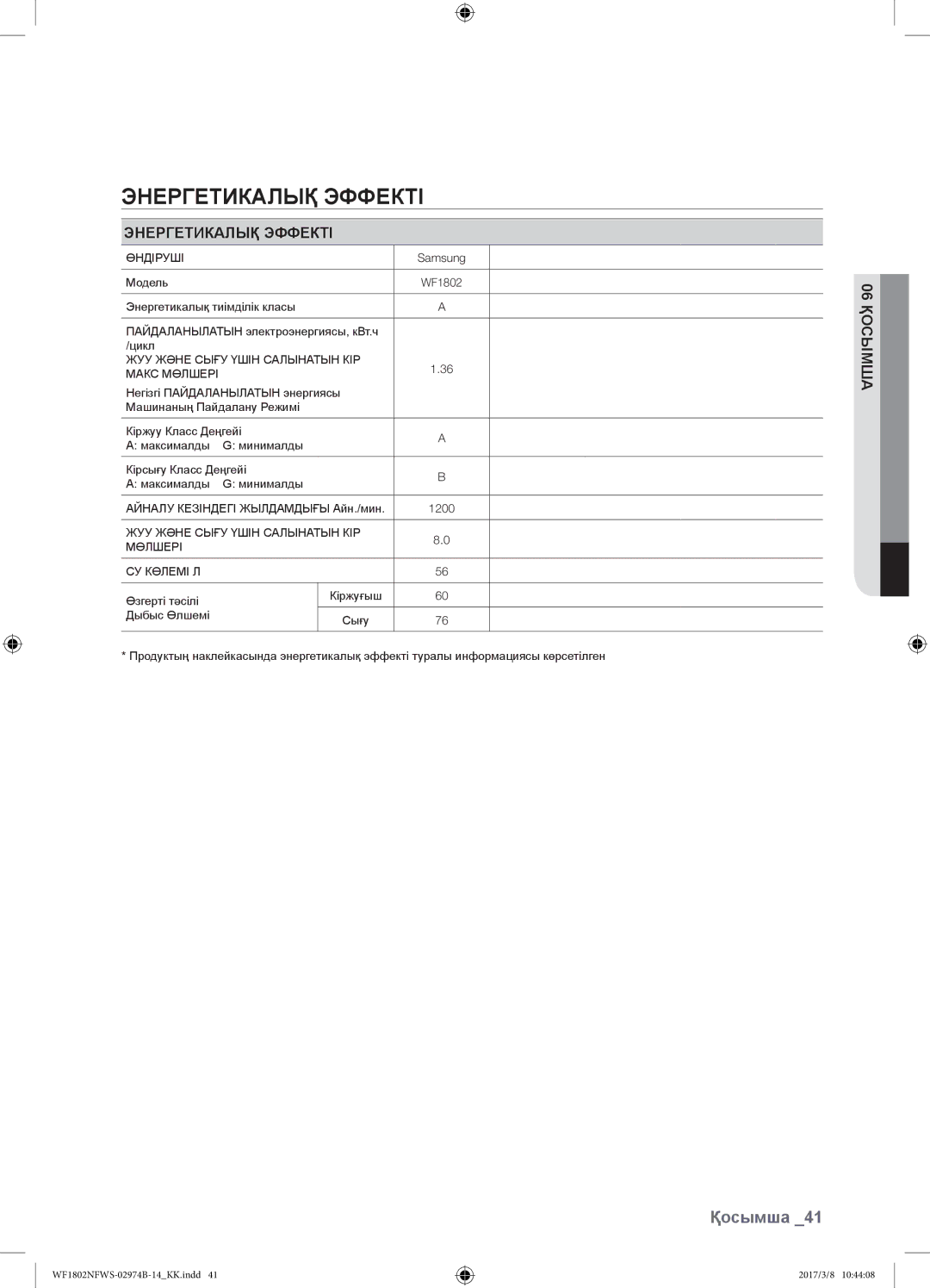 Samsung WF1802NFWS/YLP, WF1802NFSS/YLP manual Энергетикалық эффекті, Энергетикалық Эффекті 