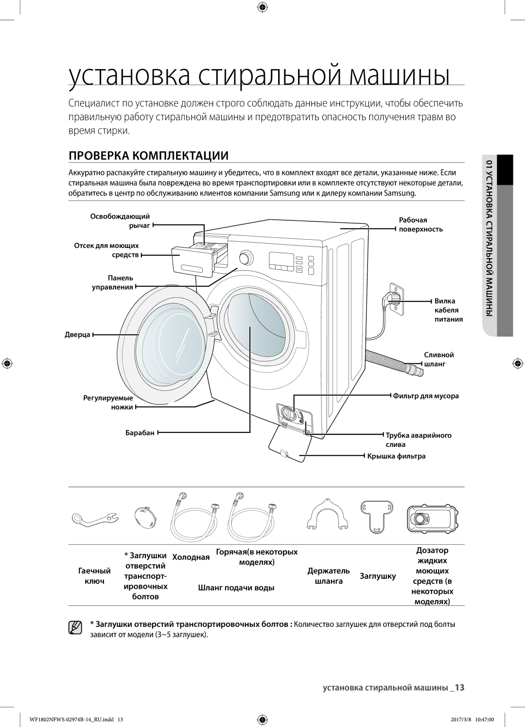 Samsung WF1802NFWS/YLP, WF1802NFSS/YLP manual Проверка комплектации, Установка стиральной машины 