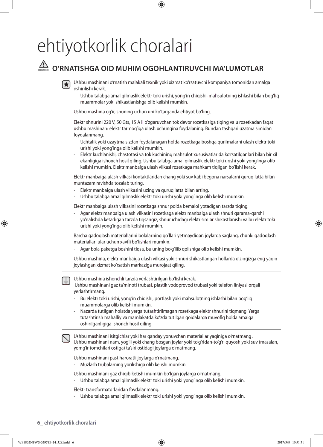 Samsung WF1802NFSS/YLP, WF1802NFWS/YLP manual Ehtiyotkorlik choralari 