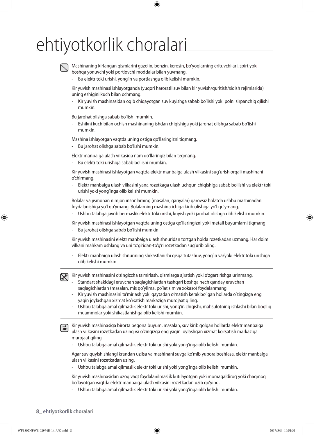 Samsung WF1802NFSS/YLP, WF1802NFWS/YLP manual Ehtiyotkorlik choralari 