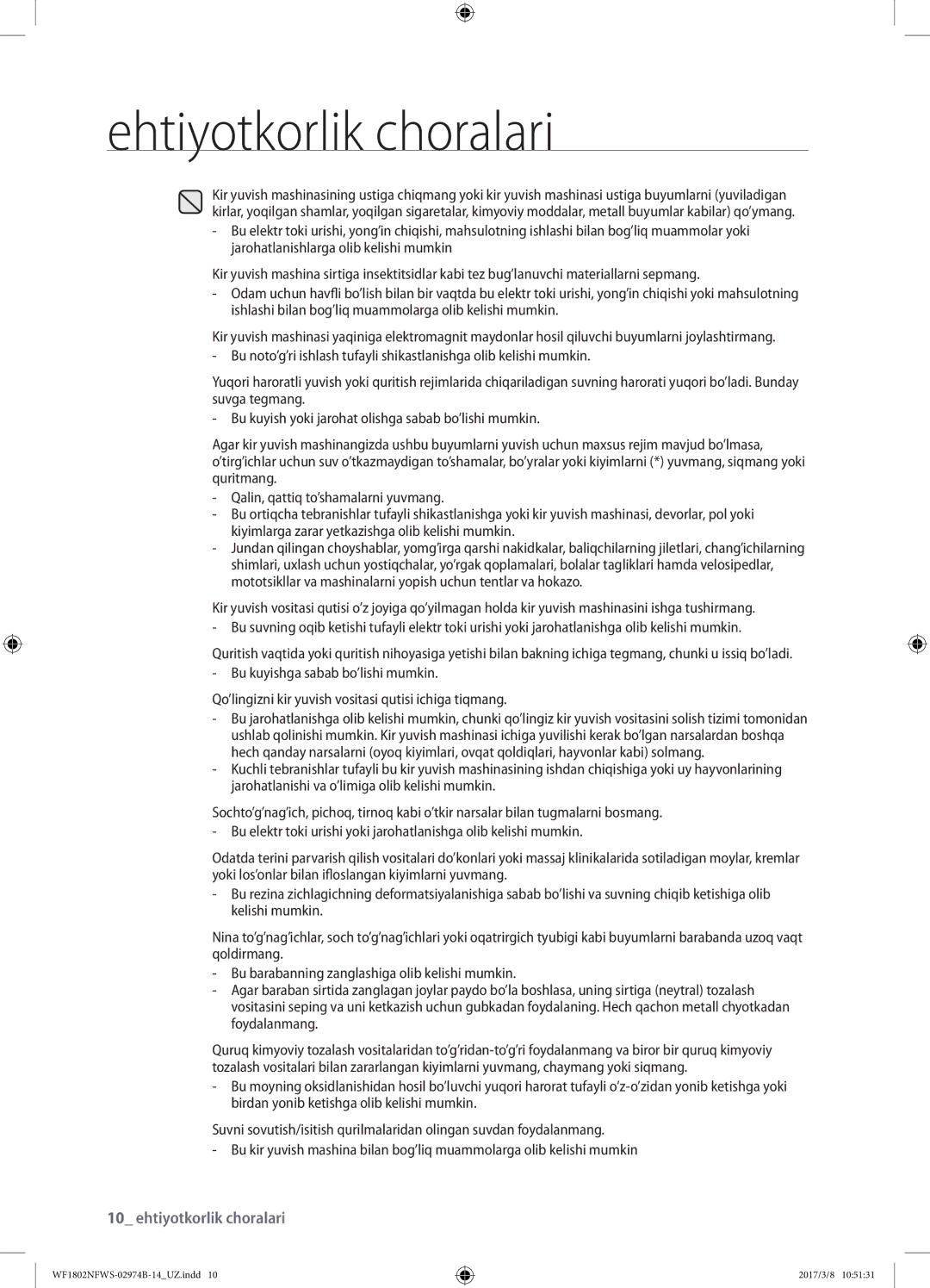 Samsung WF1802NFSS/YLP, WF1802NFWS/YLP manual Ehtiyotkorlik choralari 