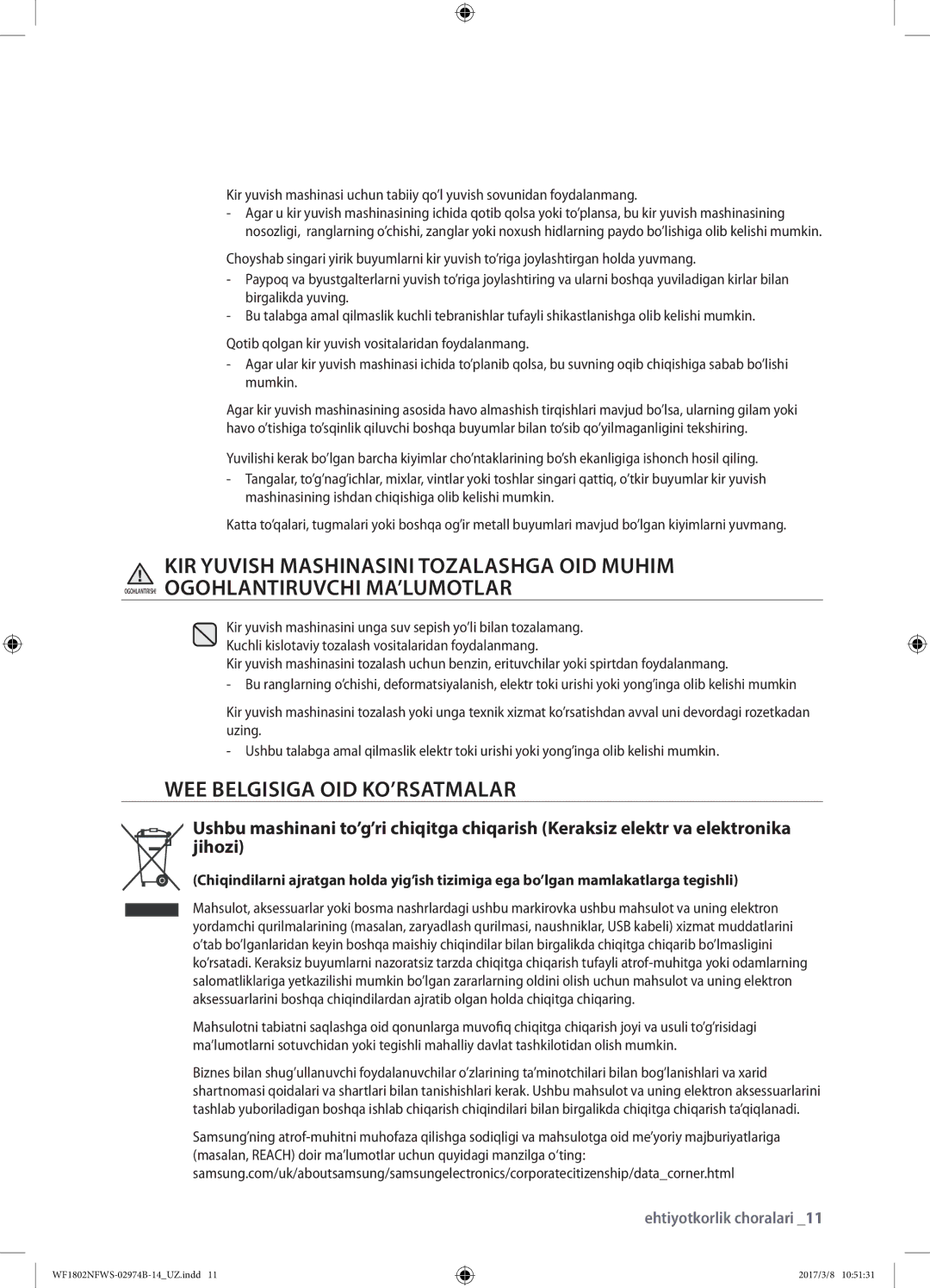 Samsung WF1802NFWS/YLP, WF1802NFSS/YLP manual WEE Belgisiga OID KO’RSATMALAR 