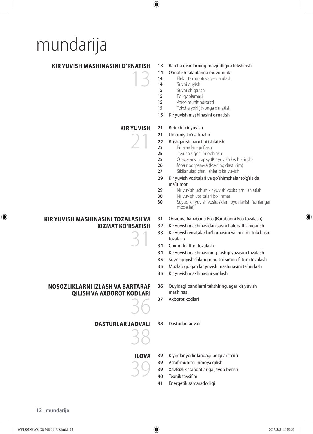 Samsung WF1802NFSS/YLP, WF1802NFWS/YLP manual Mundarija, Kir yuvish mashinasini o’rnatish, Dasturlar jadvali, Ilova 