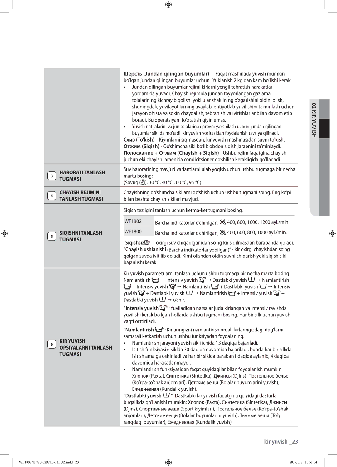 Samsung WF1802NFWS/YLP manual Harorati Tanlash, Chayish Rejimini, Tanlash Tugmasi, Siqishni Tanlash, KIR Yuvish 