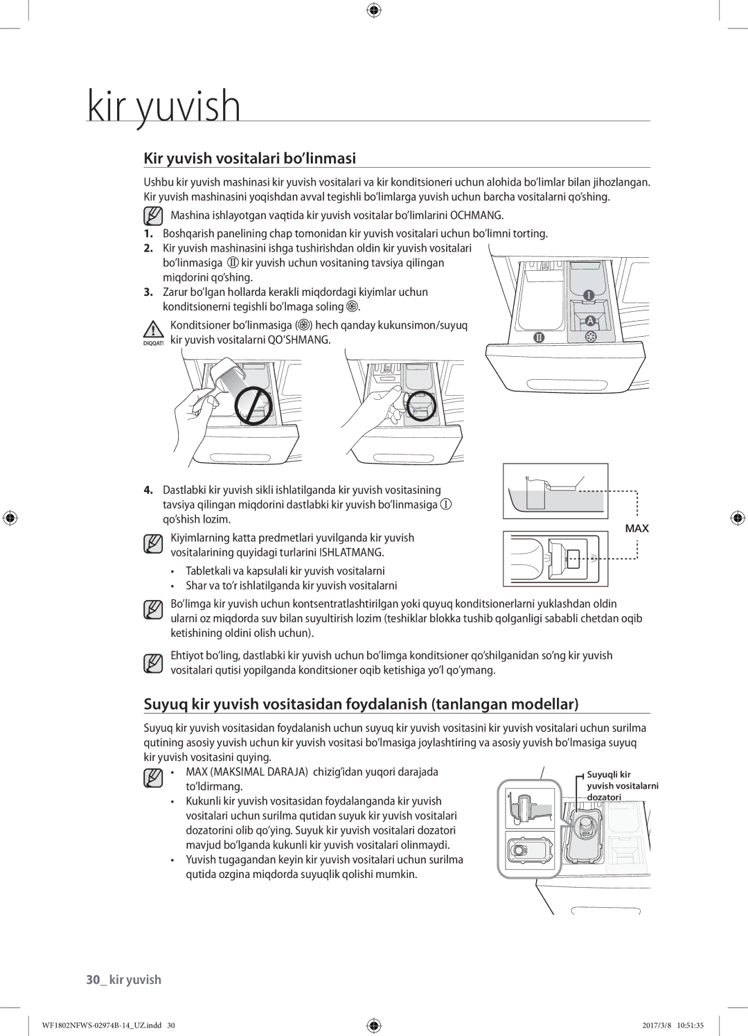 Samsung WF1802NFSS/YLP manual Kir yuvish vositalari bo’linmasi, Suyuq kir yuvish vositasidan foydalanish tanlangan modellar 