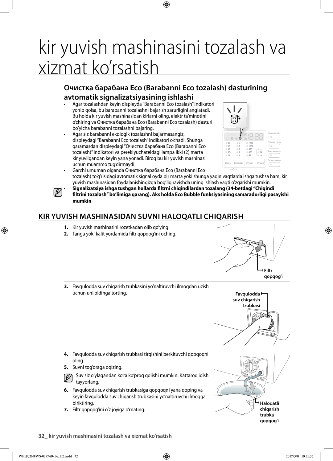 Samsung WF1802NFSS/YLP, WF1802NFWS/YLP manual Kir yuvish mashinasidan suvni haloqatli chiqarish, Uchun uni oldinga torting 