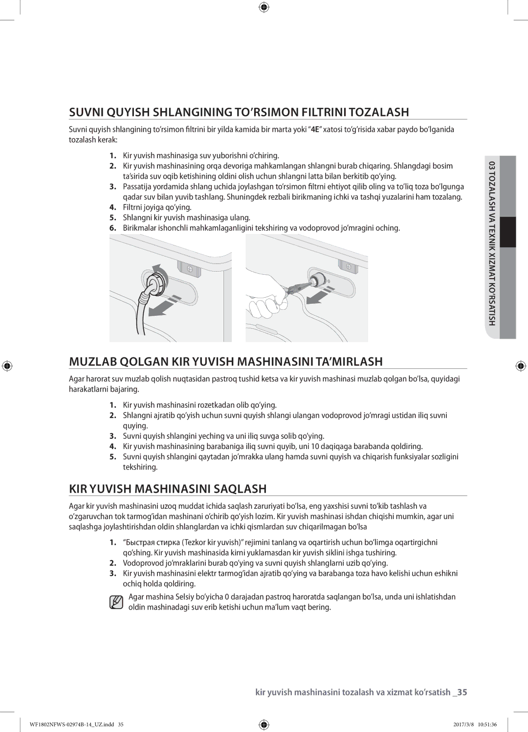 Samsung WF1802NFWS/YLP manual Suvni quyish shlangining to’rsimon filtrini tozalash, Kir yuvish mashinasini saqlash 