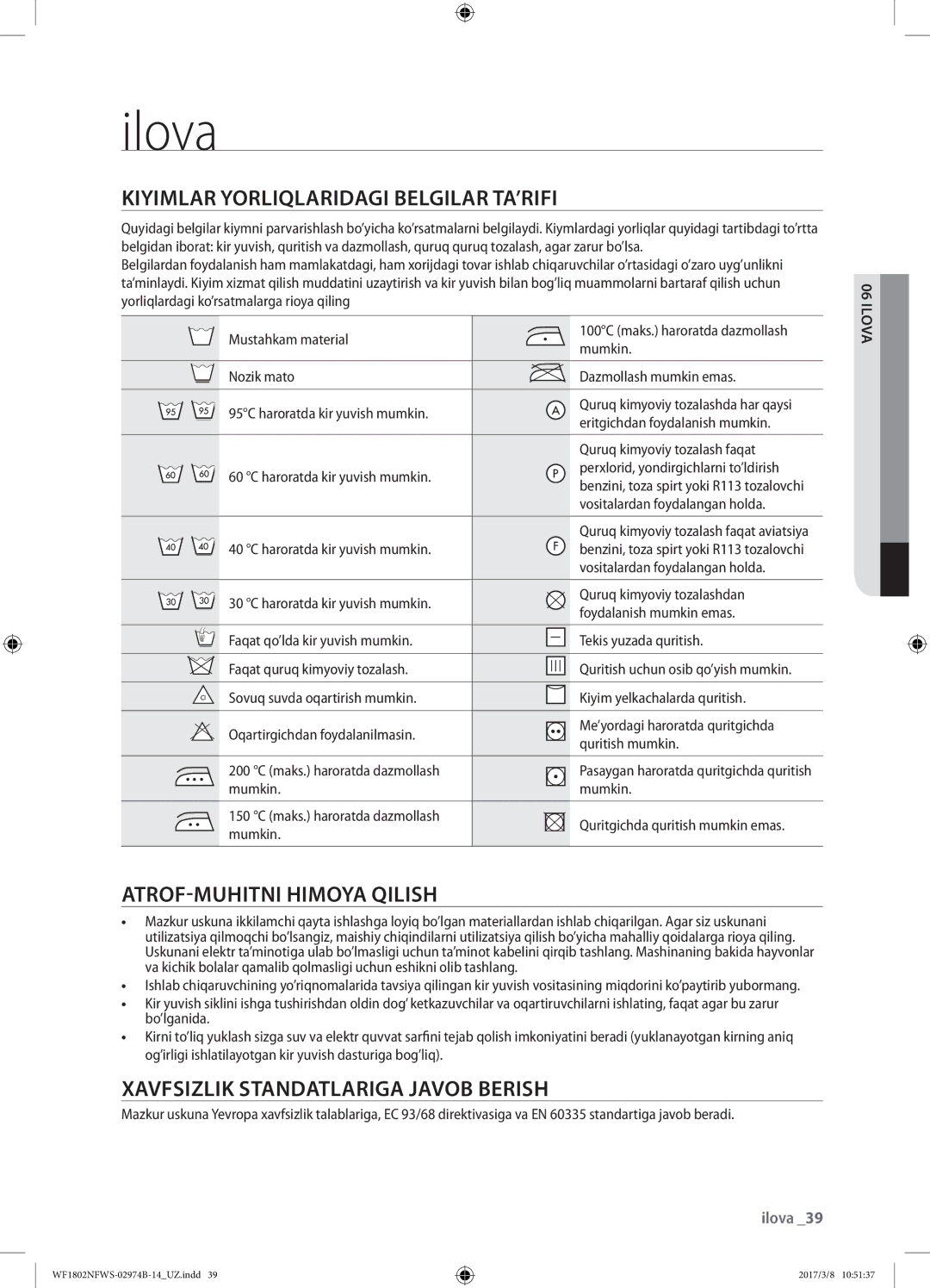 Samsung WF1802NFWS/YLP, WF1802NFSS/YLP manual Ilova, Kiyimlar yorliqlaridagi belgilar ta’rifi, Atrof-muhitni himoya qilish 