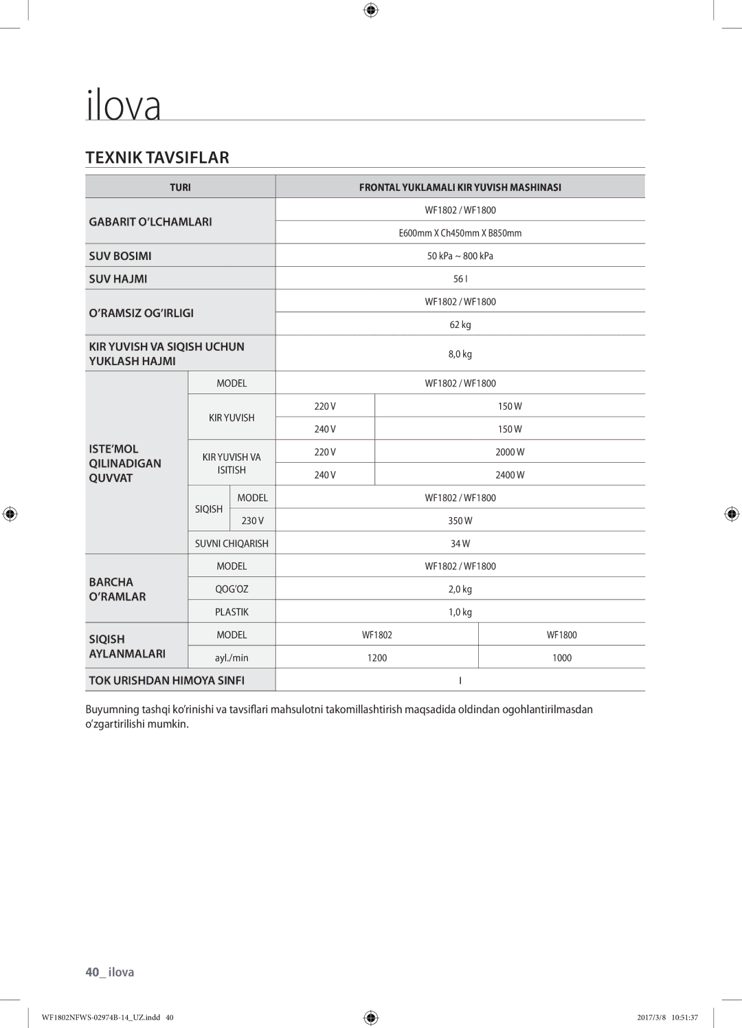 Samsung WF1802NFSS/YLP, WF1802NFWS/YLP manual Texnik tavsiflar 