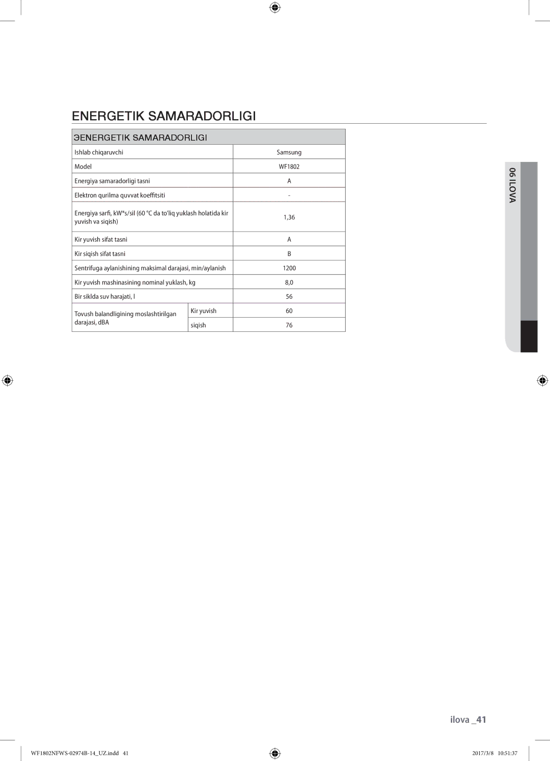 Samsung WF1802NFWS/YLP, WF1802NFSS/YLP manual Energetik Samaradorligi 