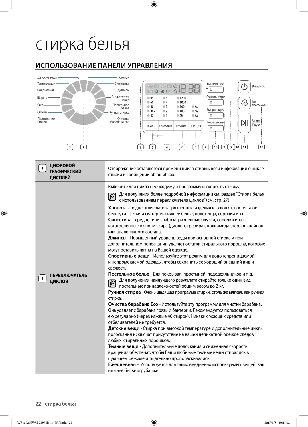 Samsung WF1802NFSS/YLP, WF1802NFWS/YLP manual Использование панели управления, 22 стирка белья 