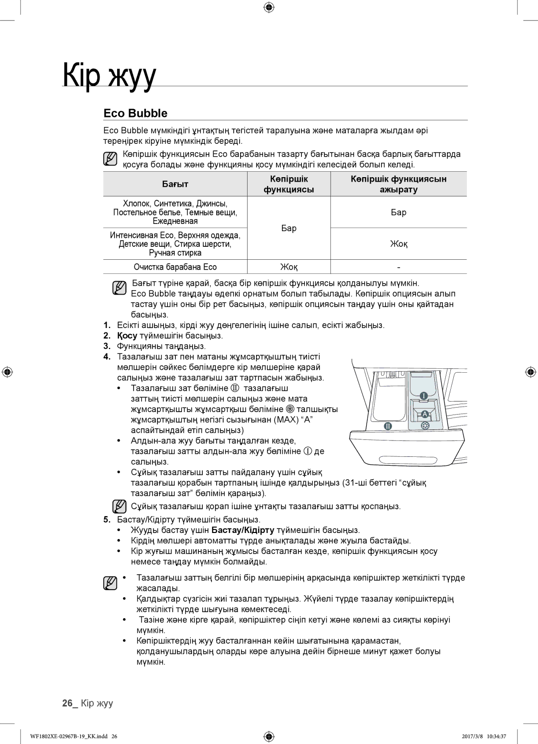 Samsung WF1802XEC/YLP, WF1802WECS/YLP Eco Bubble, 26 Кір жуу, Бағыт Көпіршік Көпіршік функциясын Функциясы Ажырату, Жоқ 