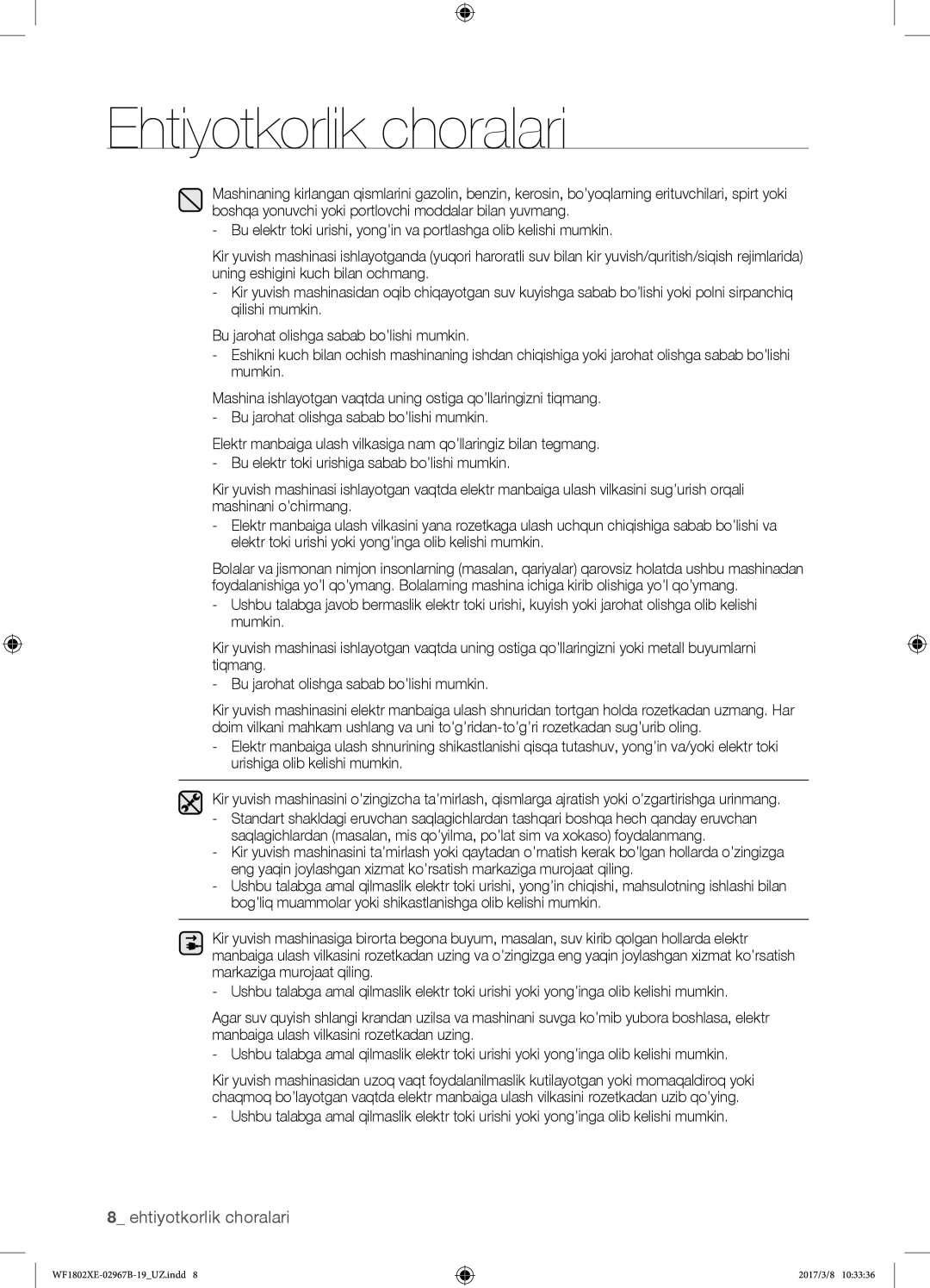 Samsung WF1802WECS/YLP, WF1802WEUS/YLP, WF1802XEC/YLP, WF1802XEY/YLP manual Ehtiyotkorlik choralari 