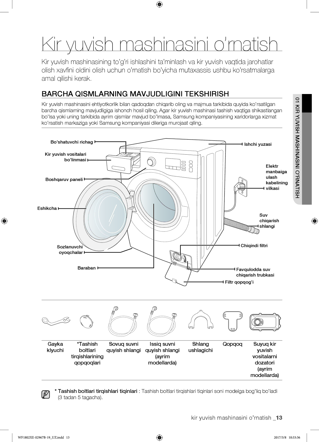 Samsung WF1802WEUS/YLP, WF1802WECS/YLP manual Barcha qismlarning mavjudligini tekshirish, Kir yuvish mashinasini o’rnatish 