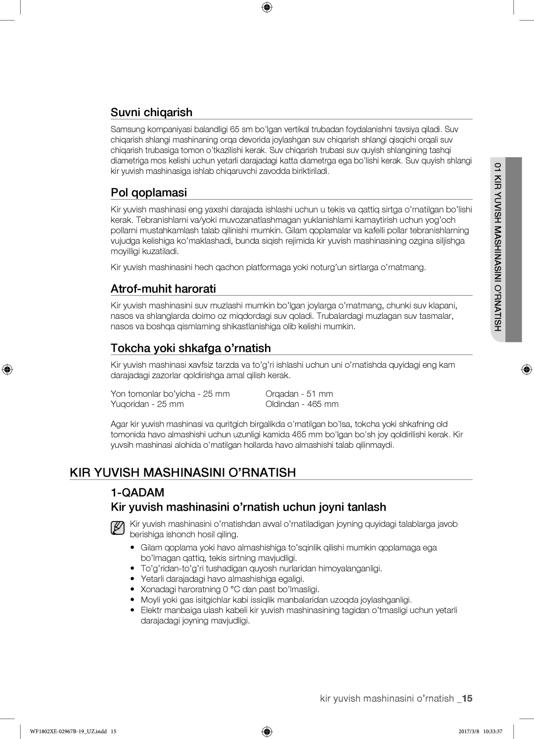 Samsung WF1802XEY/YLP, WF1802WECS/YLP, WF1802WEUS/YLP, WF1802XEC/YLP manual Kir yuvish mashinasini o’rnatish 